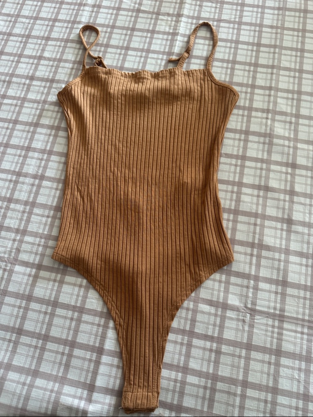 Ribbed Tan Womens Bodysuit with Adjustable Straps